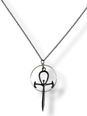 READ DESCRIPTION! NWT Handmade Large Black Ankh Silver Hoop Long Necklace
